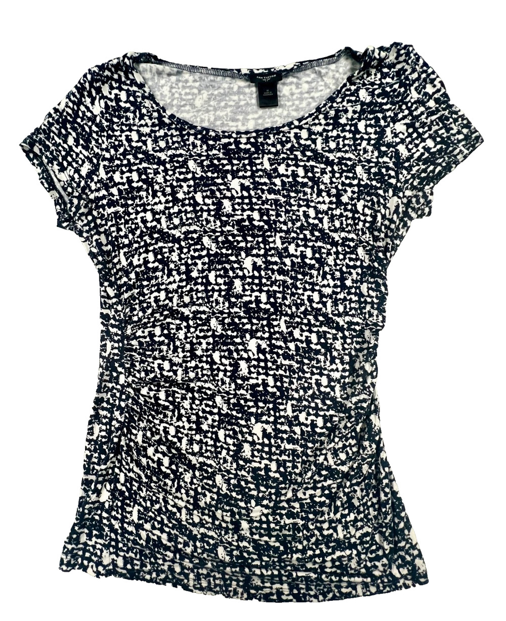 Ann Taylor Blue & White Pattern Ruched Short Sleeve Shirt (Women's M)
